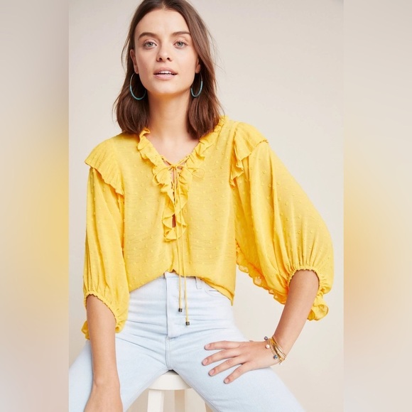 Anthropologie Haida Swiss Dot Peasant Top Small blouse marigold yellow ruffle - Picture 2 of 11